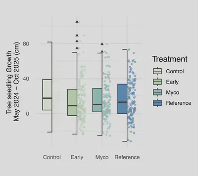 Figure 4. Overall tree seedling growth was lower in the early successional (Estimate: -6.523±3.132 P = 0.0421) and mycorrhizal treatment (Estimate: -6.258±3.085 P = 0.0476) compared to the control. There was no difference between the control and reference treatment. Triangles in the boxplot represent outliers.
